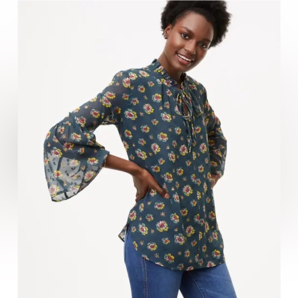 LOFT Green Floral Swiss Dot Tie Neck Blouse Bell Sleeve Sheer Top Size XL - Picture 2 of 11